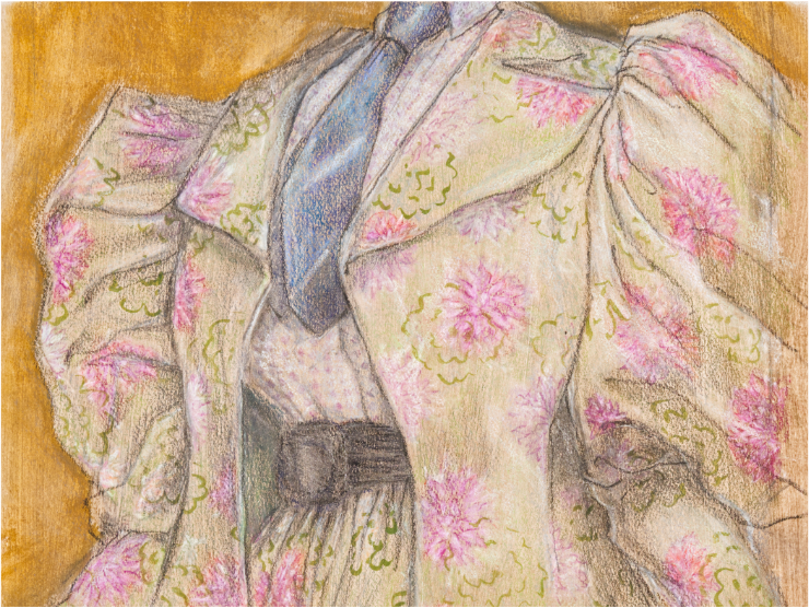 drawing of 19th century floral cycling outfit