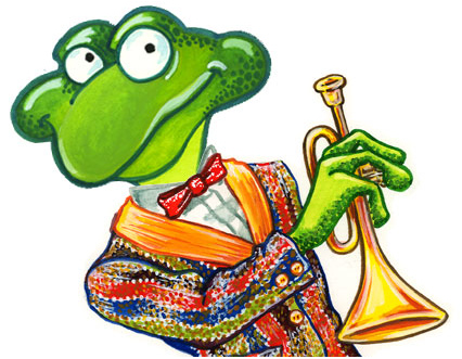 Frog Man as Horned Frog holding a trumpet